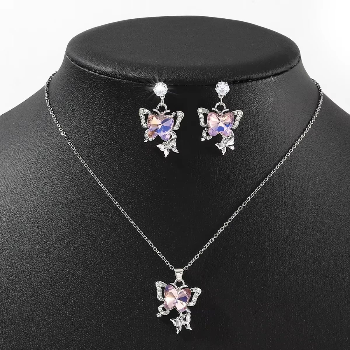 Set collar y aretes mariposa doble plateado con rosado + cajita regalo San Valentín