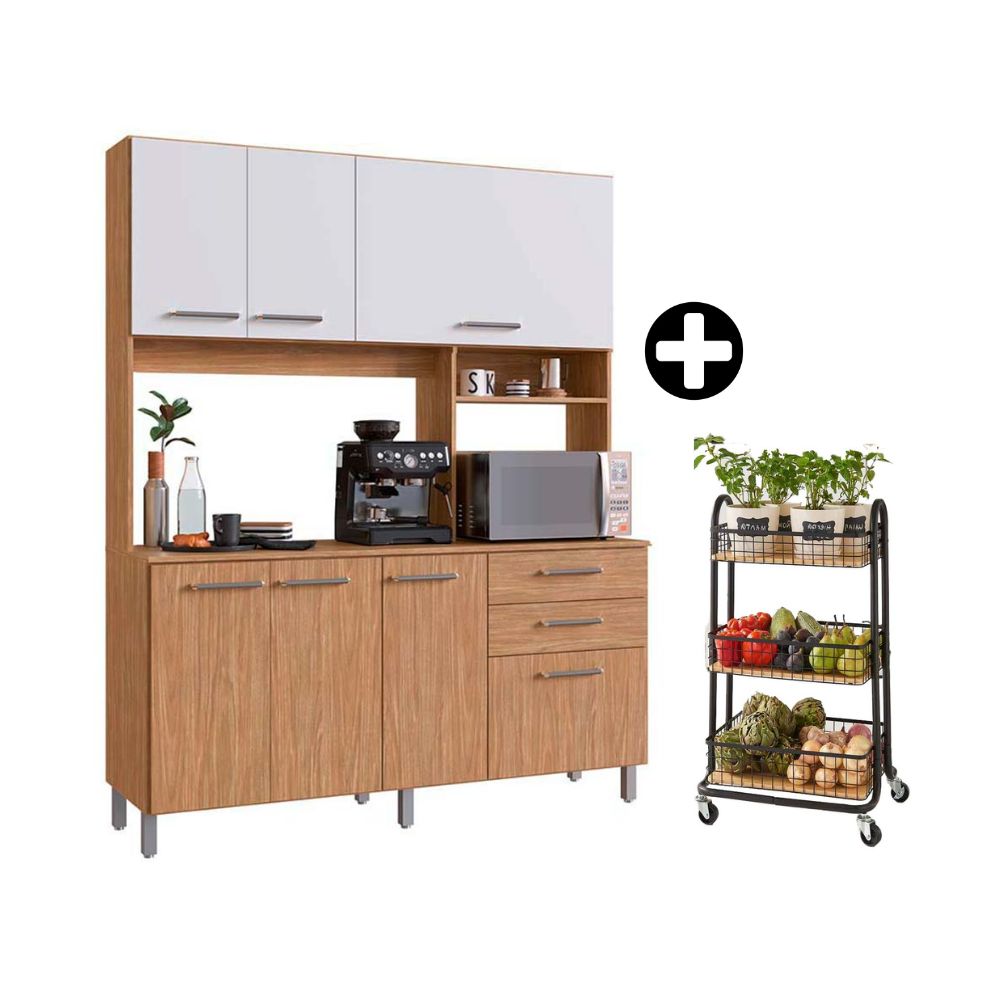 COMBO Naranja: Mueble Alacena de Cocina New Antonia 160cm MDP + Carrito Organizador Cesta con Base de Madera 3 Niveles Negro