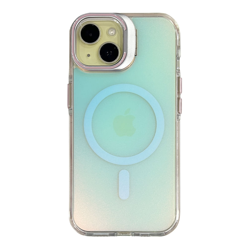 Case para iPhone 16 Pro con magsafe para carga inalámbrica, soporte en la cámara, color tornasolado con borde rosado