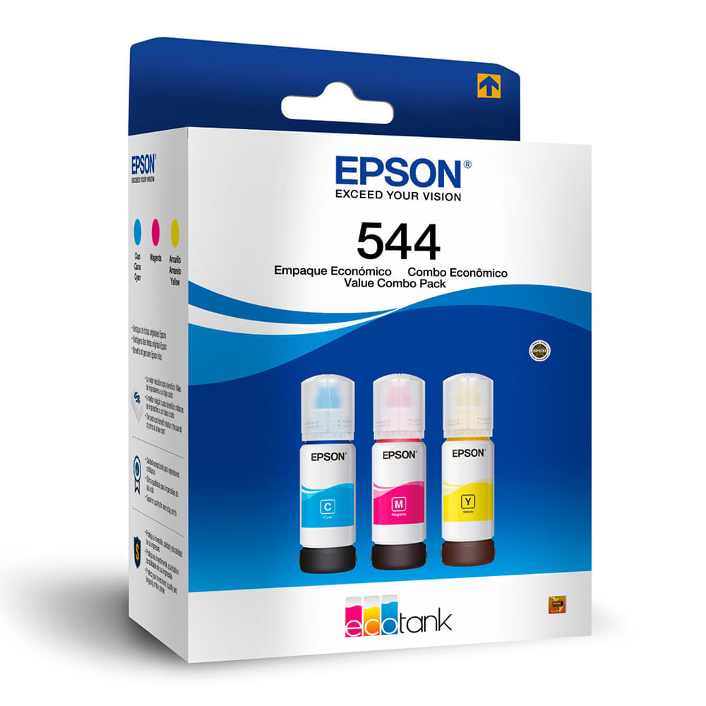 Pack de 3 Botellas de Tinta Epson Cmy T544 rinde hasta 7,500 páginas a color