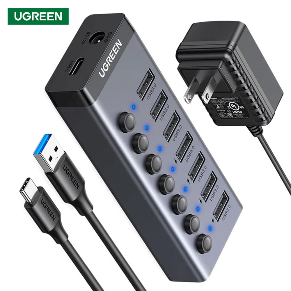 HUB USB 3.0 7 Puertos con Switch Independiente Adaptador de Corriente