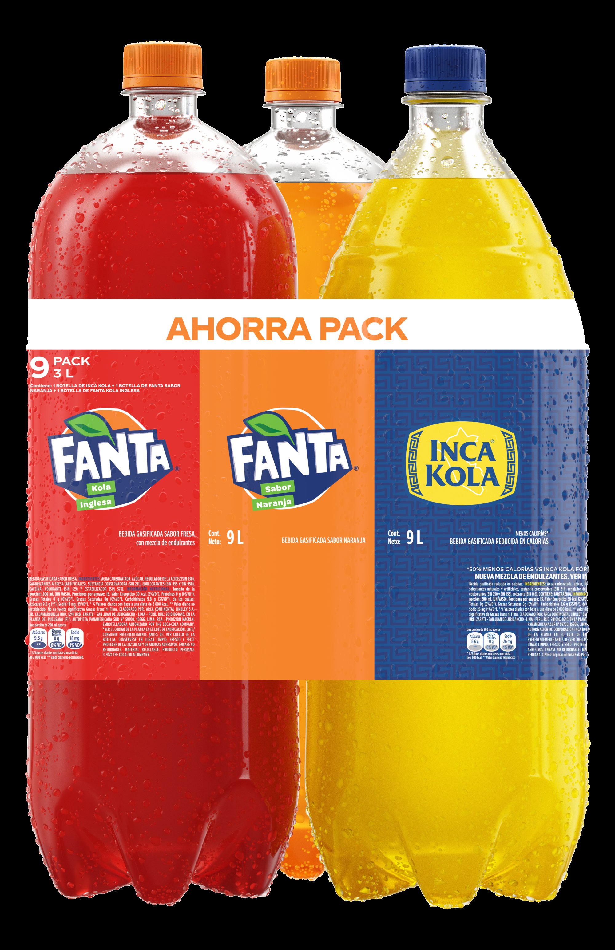 Gaseosa FANTA Naranja + FANTA Kola Inglesa + INKA KOLA Botella 3L Pack 3un