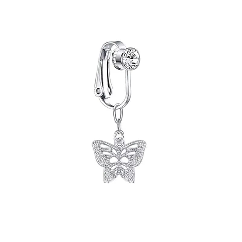 Piercing a presión falso para ombligo mariposa plateada con brillos