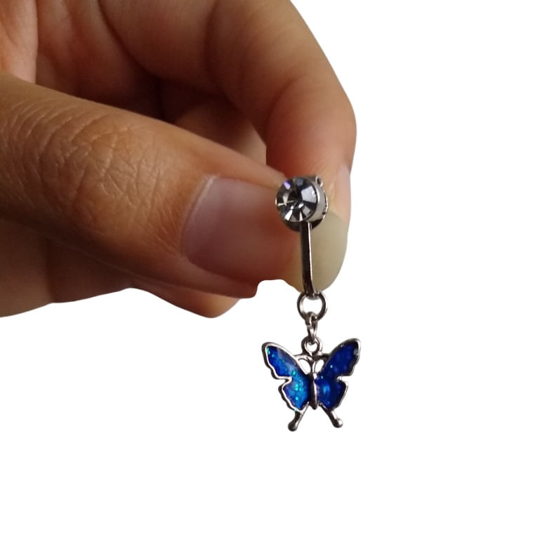 Piercing a presión falso para ombligo mariposa plateada con azul