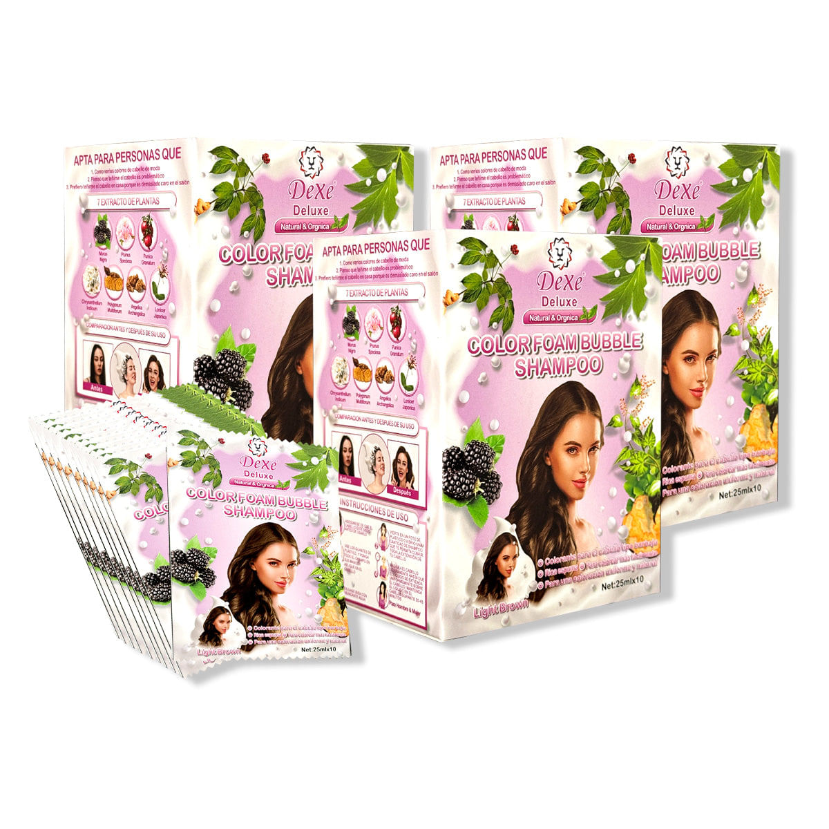 3 Cajas Shampoo Light Brown (Marrón Claro) Dexe 25ml x10 Sachets