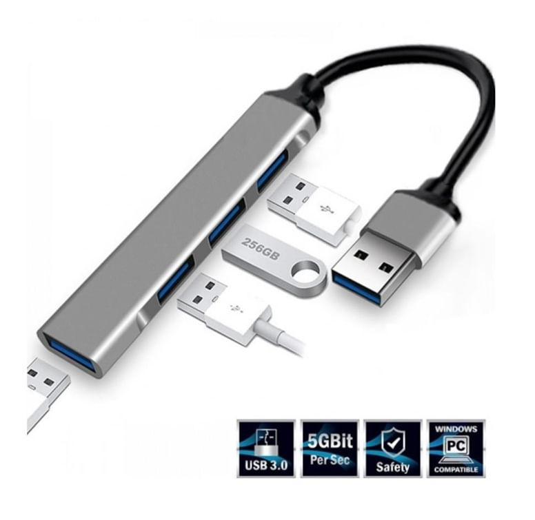 HUB USB 4 Puertos USB 3.0 de ALUMINIO para PC, Laptop y Android