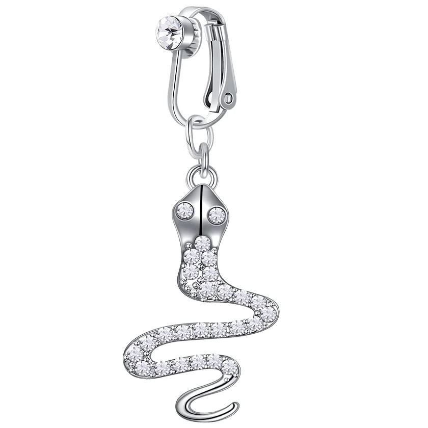 Piercing a presión falso para ombligo serpiente plateada con brillos