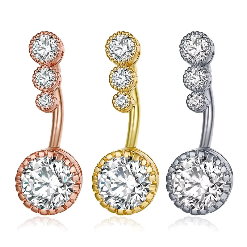 Set x 3 Piercings para ombligo triple piedrita dorado, plateado y oro rosa