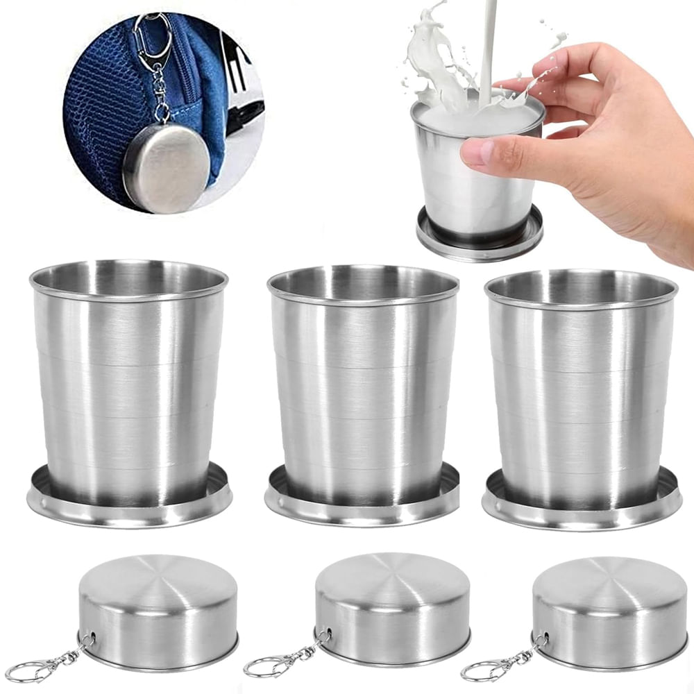 3 Vaso Plegable de Acero Inoxidable 8cm con Llavero Reutilizable 140ml