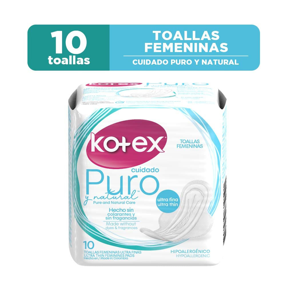 Toallas Higiénicas Kotex Cuidado Puro y Natural 10 und