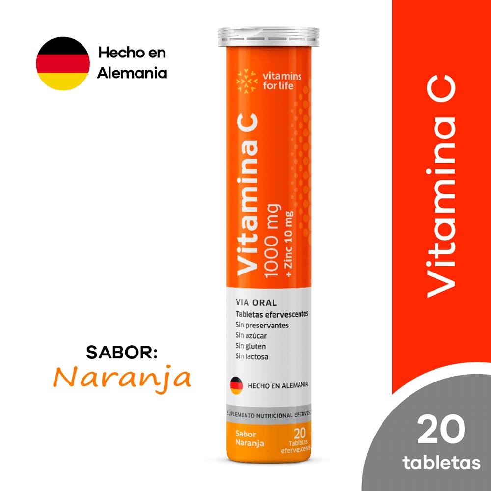 Vitamina C + Zinc Vitamins For Life Tableta Efervescente Sabor Naranja