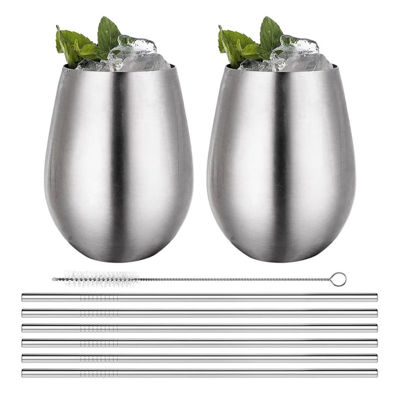 Set x2 Vasos Para Bar Con Sorbetes De Acero 304 Plateado Ichimatsu