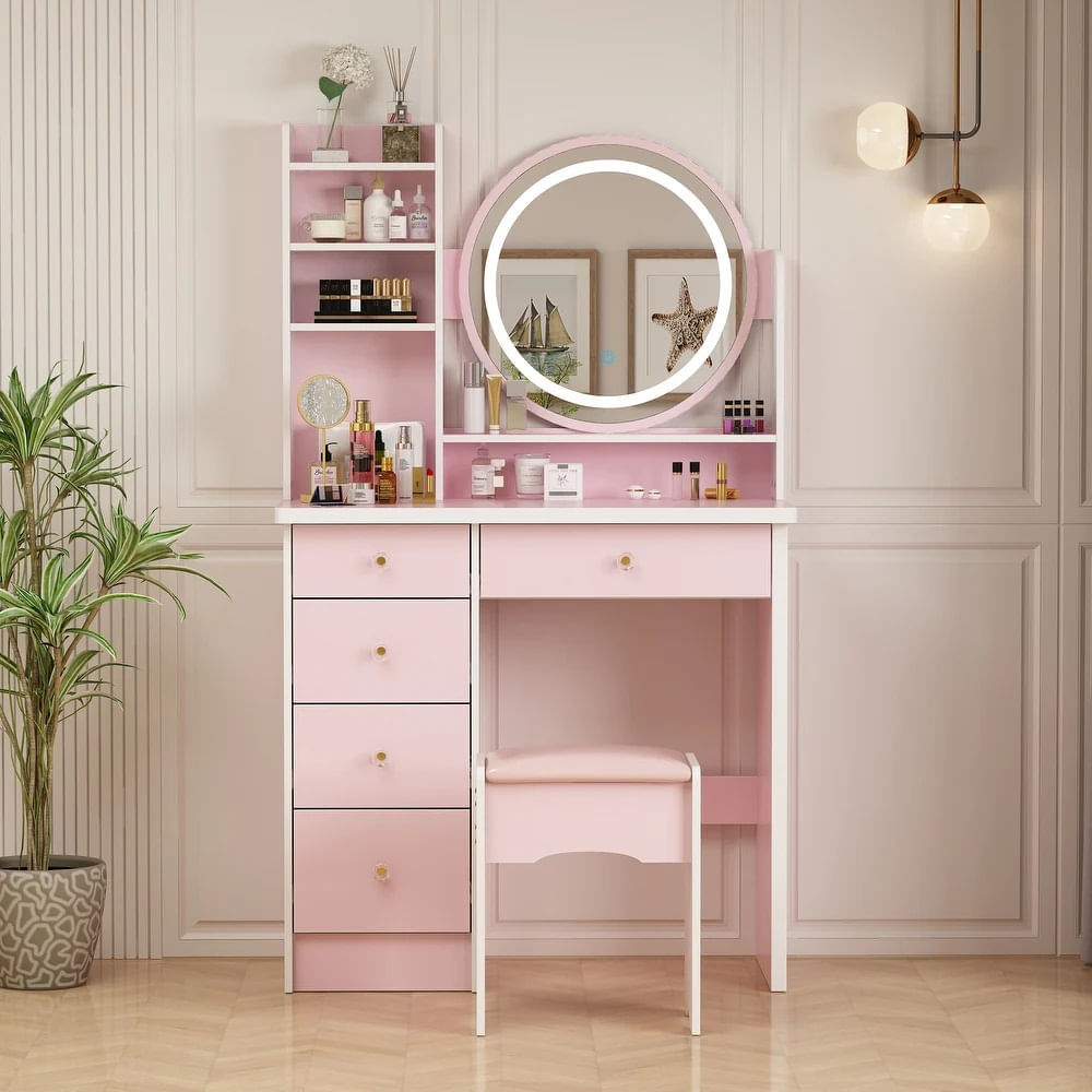 Tocador de Maquillaje Led Rosa 80cm
