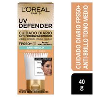 Protector Solar Anti Edad UV Defender L'Oréal Paris Skin Care FPS 50+ Anti Brillo Tono Medio - Tubo