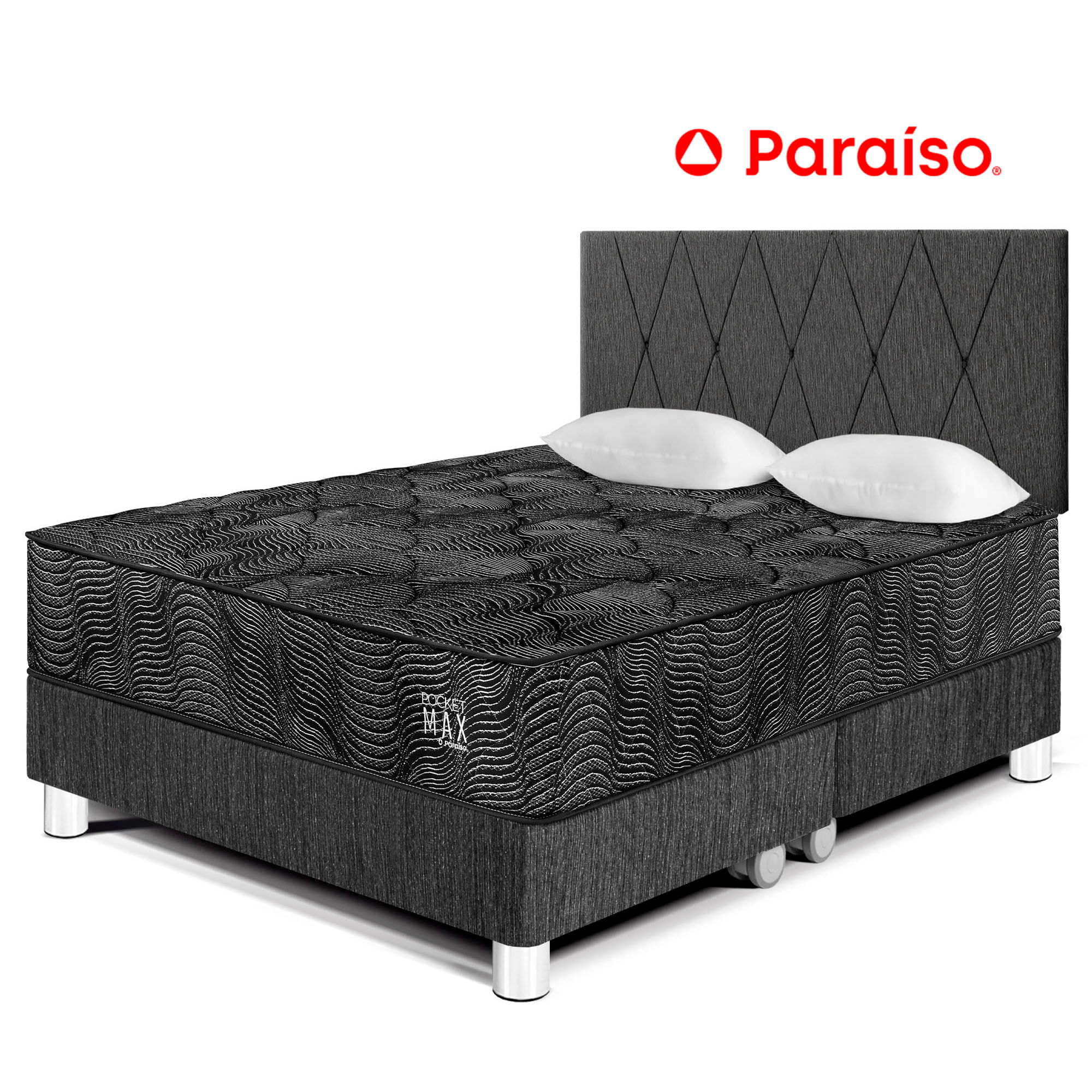 Dormitorio PARAISO Pocket Max Black King + 2 Almohadas + Protector