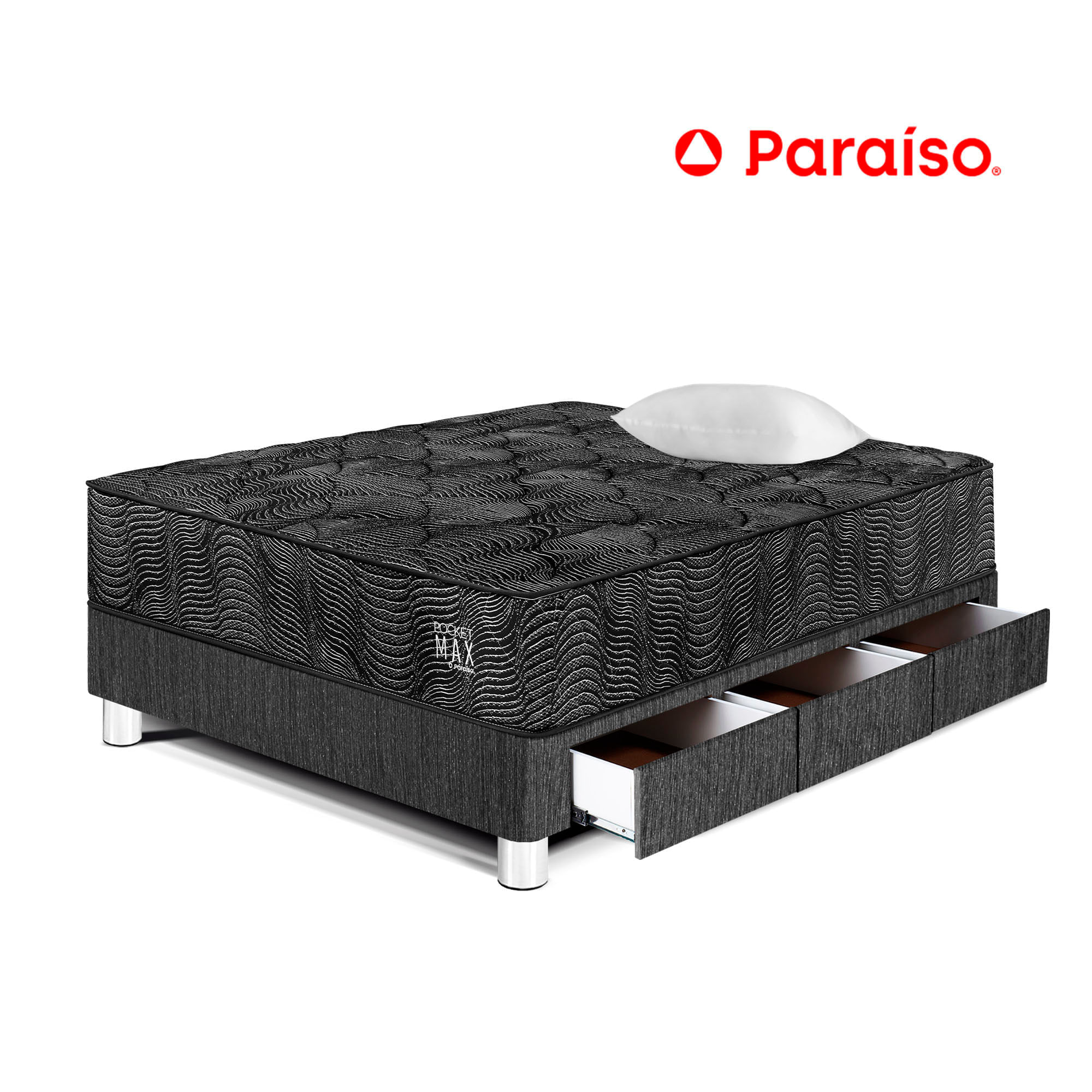 Cama PARAISO Pocket Max Black C/Caj 1.5 Plazas + 1 Almohada + Protector