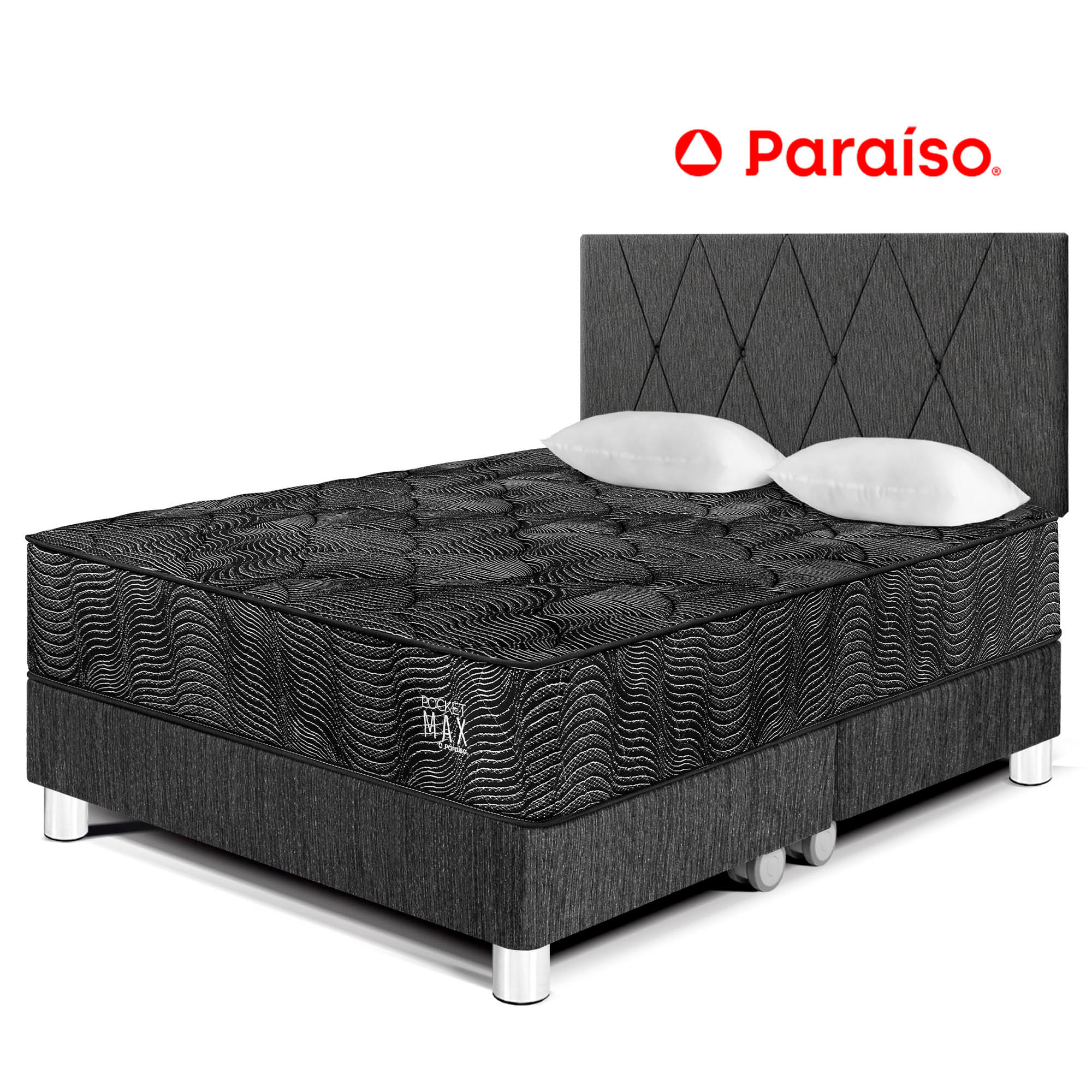 Dormitorio PARAISO Pocket Max Black Queen + 2 Almohadas + Protector