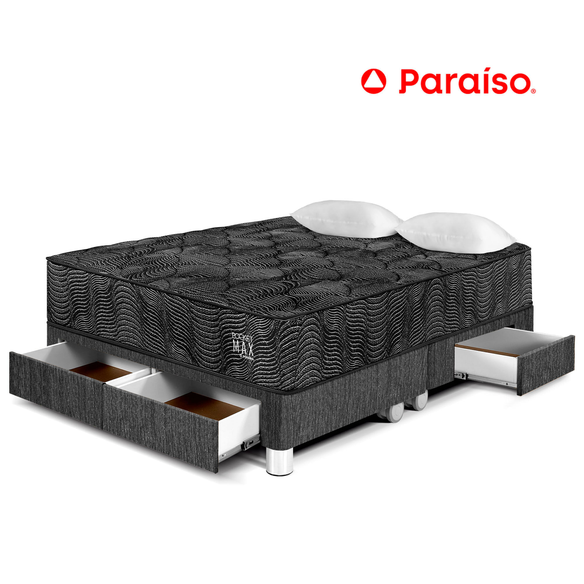 Cama PARAISO Pocket Max Black C/Ca Queen + 2 Almohadas + Protector