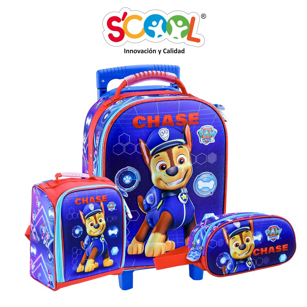 Pack Mochila Con Ruedas Carry On + Lonchera + Cartuchera Scool 3D Paw Patrol