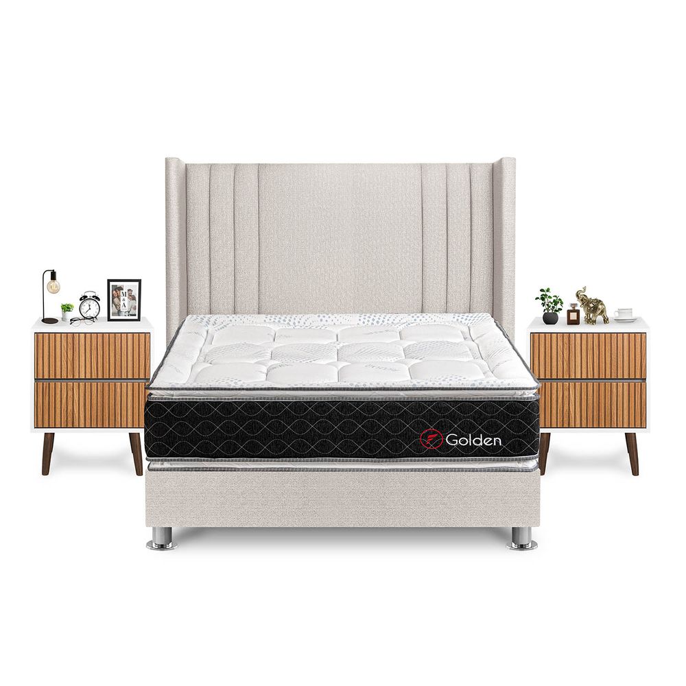 Dormitorio Golden Queen + Velador Milan + Respaldo Beige