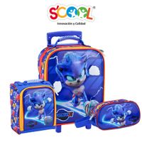 Pack Mochila Con Ruedas Carry On + Lonchera + Cartuchera Scool 3D Magic Sonic Azul