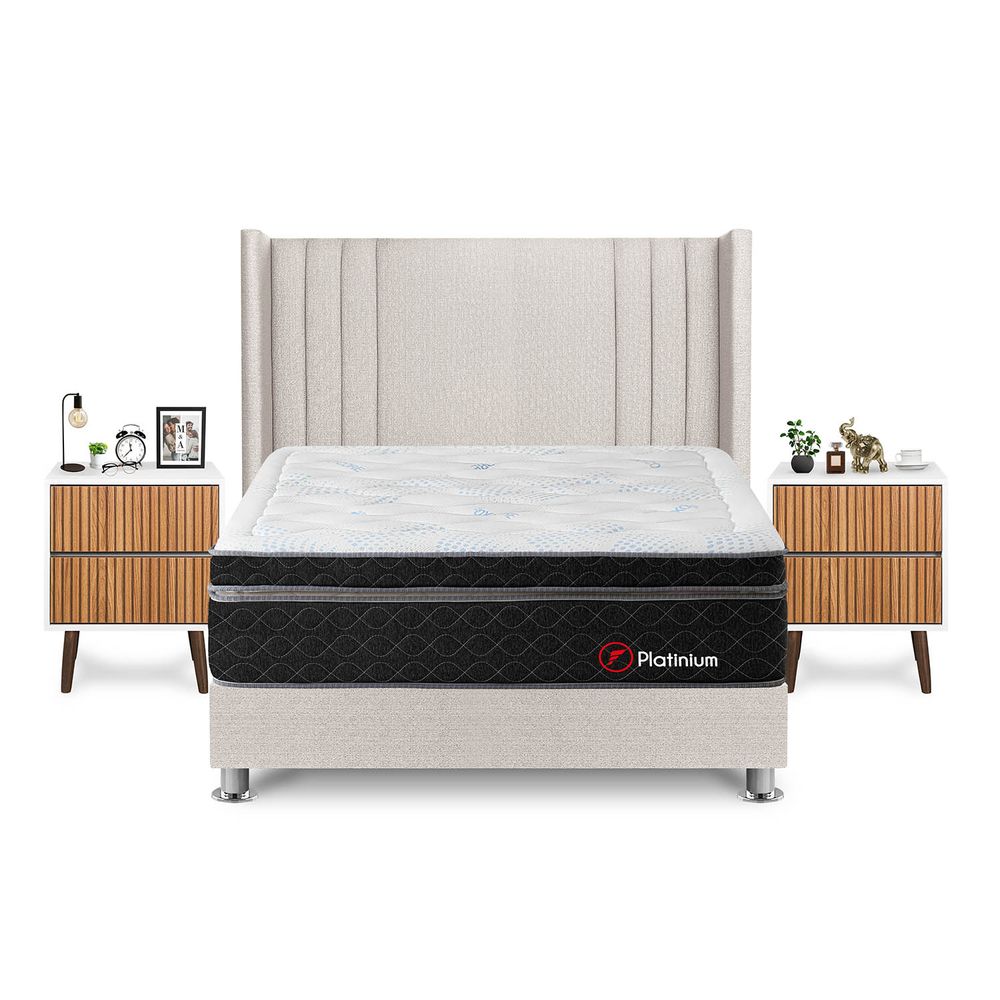 Dormitorio Platinium Queen + Velador Milan + Respaldo Beige