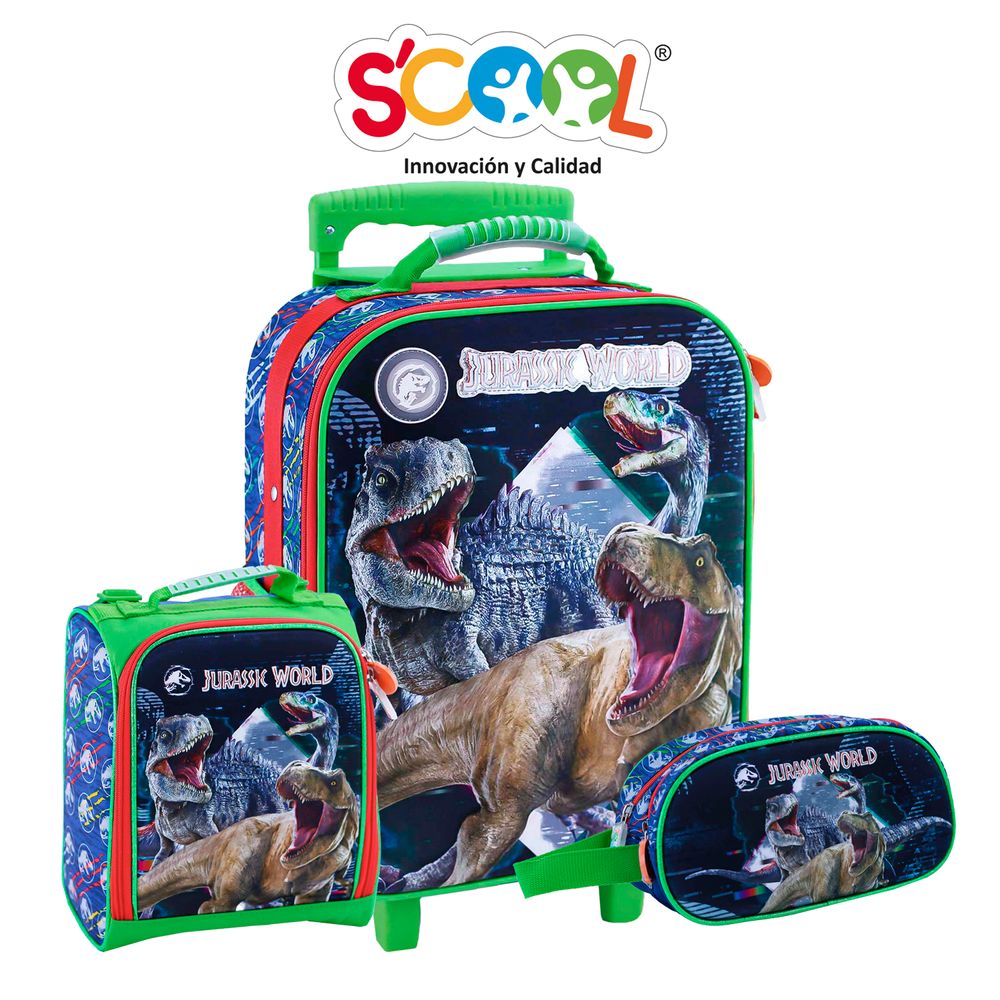 Pack Mochila Con Ruedas Carry On + Lonchera + Cartuchera Scool 3D Mg Jurassic