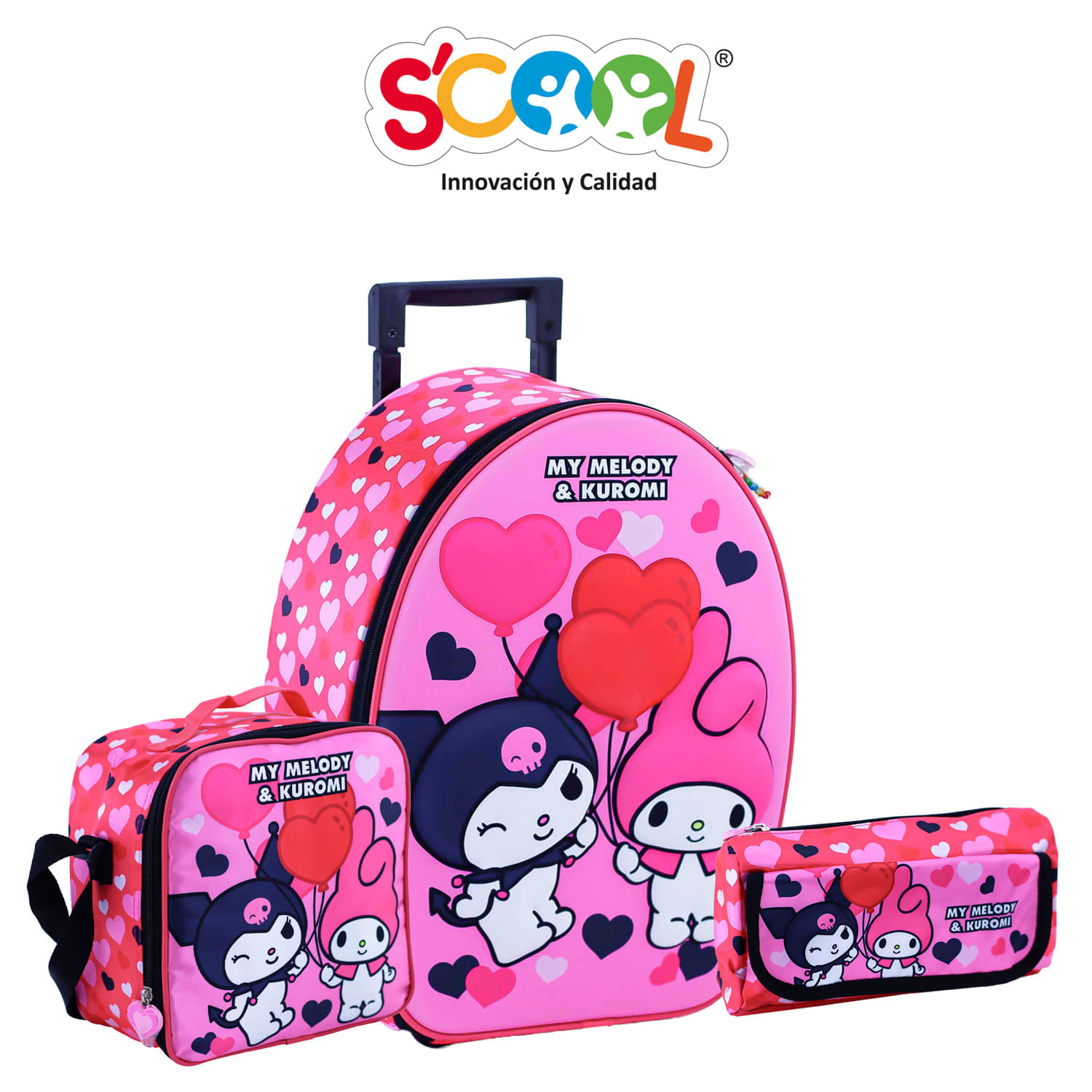 Pack Mochila Con Ruedas Carry On + Lonchera + Cartuchera Scool Oficio Hello Kitty