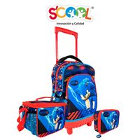 Pack Mochila Con Ruedas Carry On + Lonchera + Cartuchera Scool 3D Mg Sonic
