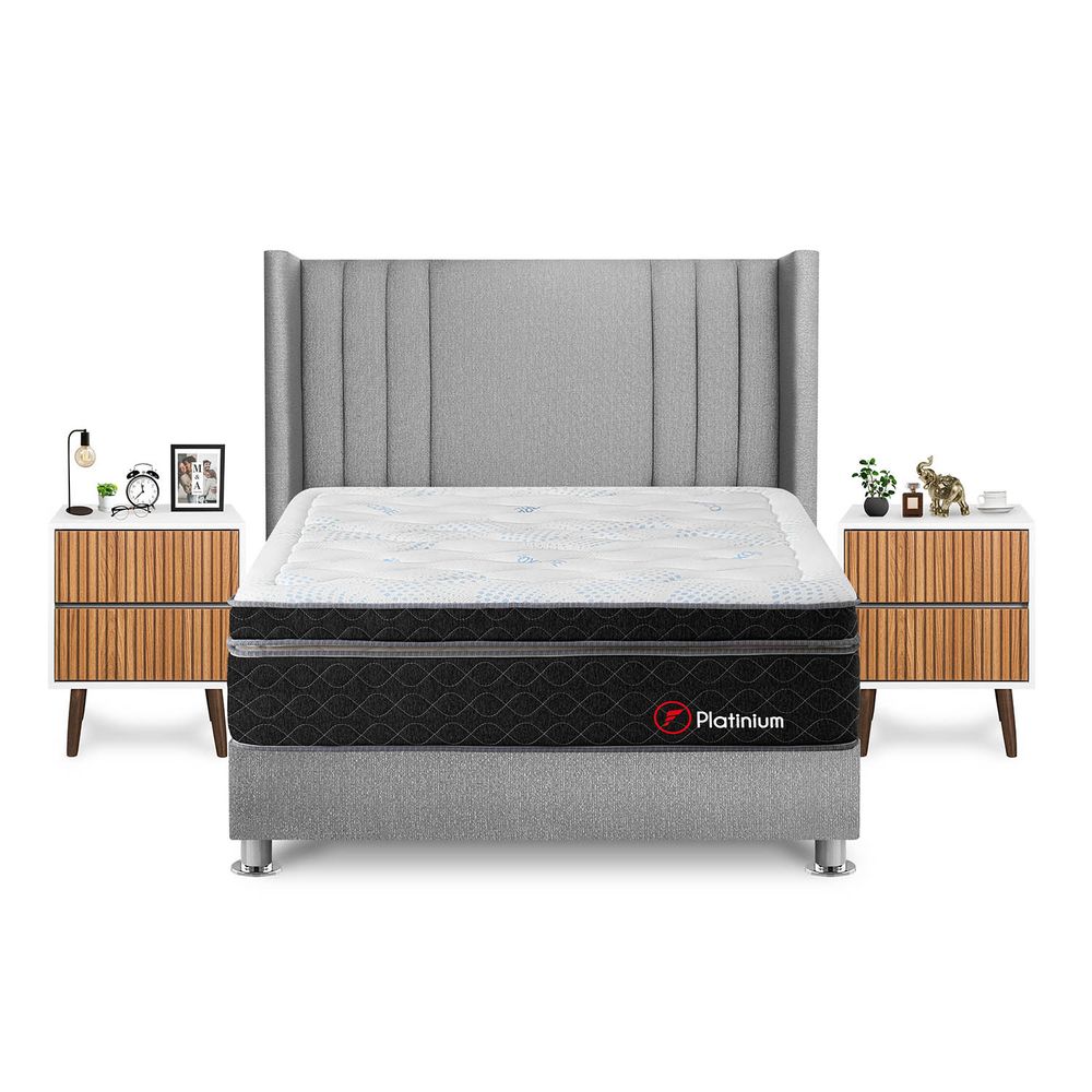 Dormitorio Platinium Queen + Velador Milan + Respaldo Plata