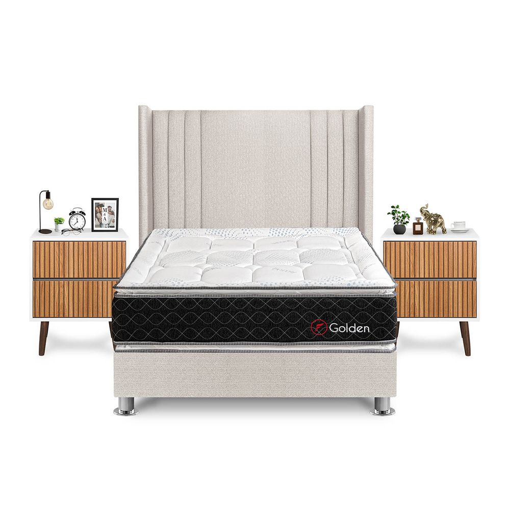 Dormitorio Golden 2 Plazas + Velador Milan + Respaldo Beige