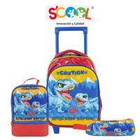 Pack Mochila Con Ruedas Carry On + Lonchera + Cartuchera Scool Kids A4 3D Mg Jurassic