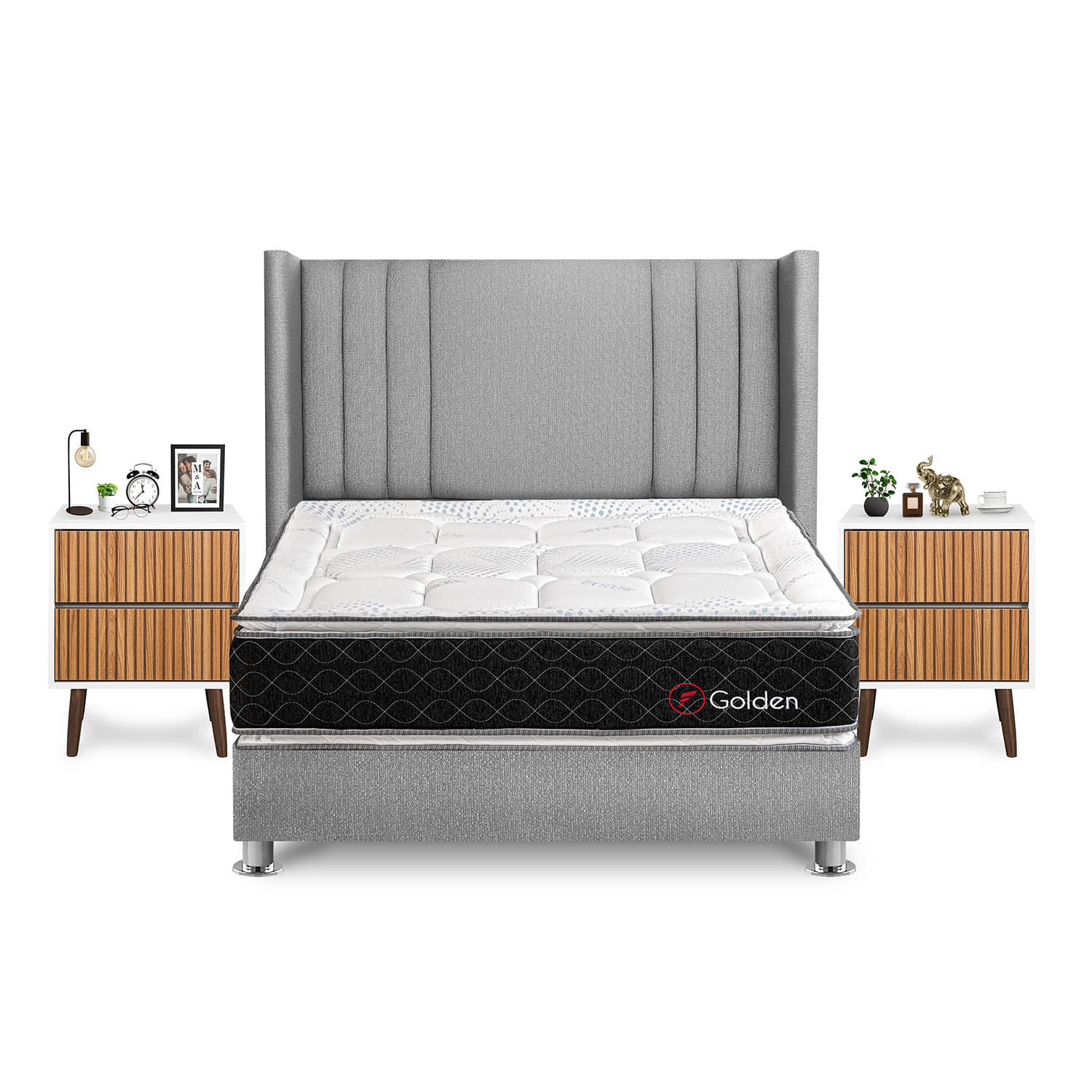 Dormitorio Golden King + Velador Milan + Respaldo Plata