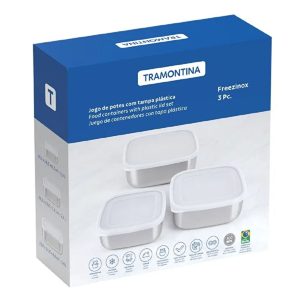 Juego de Tapas Cuadradas de Acero Inoxidable Tramontina Freezinox 3 Piezas