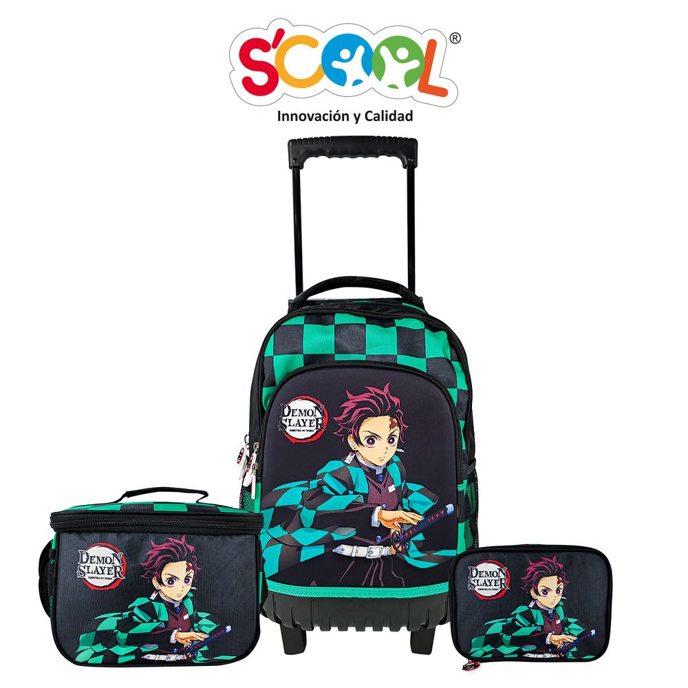 Pack Mochila Con Ruedas Carry On + Lonchera + Cartuchera Scool Demon Slayer