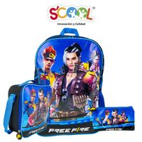 Pack Mochila + Lonchera + Cartuchera Scool 1 Bol Kombat Free Fire