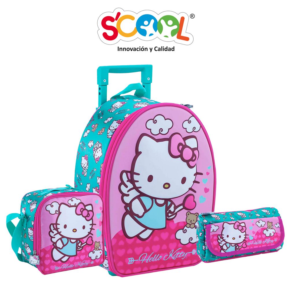 Pack Mochila Con Ruedas Carry On Scool 3D A4 Rg Hello Kitty