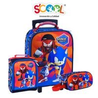 Pack Mochila Con Ruedas Carry On + Lonchera + Cartuchera Scool 3D Magic Sonic Rojo