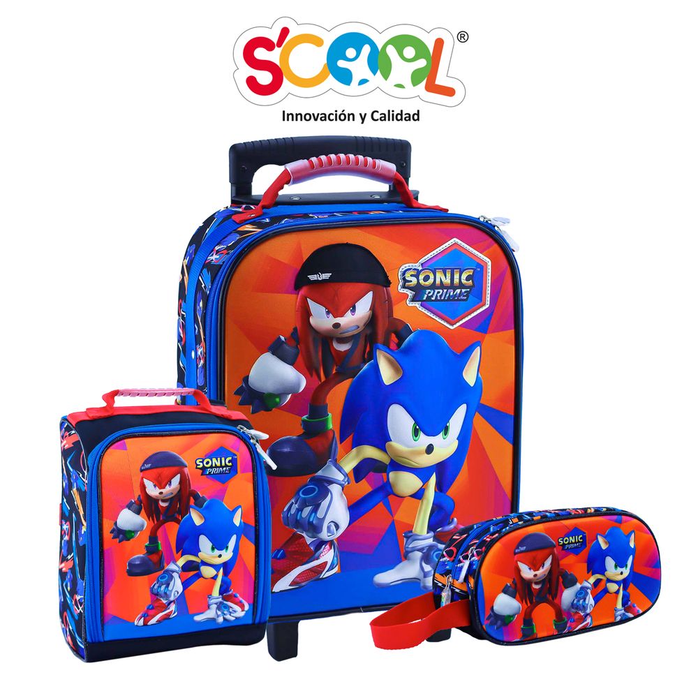 Pack Mochila Con Ruedas Carry On + Lonchera + Cartuchera Scool 3D Magic Sonic Rojo