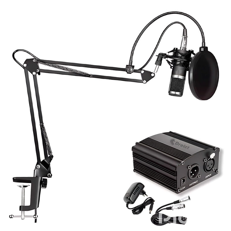 Combo Micrófono BM 800 Dreizt profesional Negro y Phantom power Dreizt para Stream y estudio