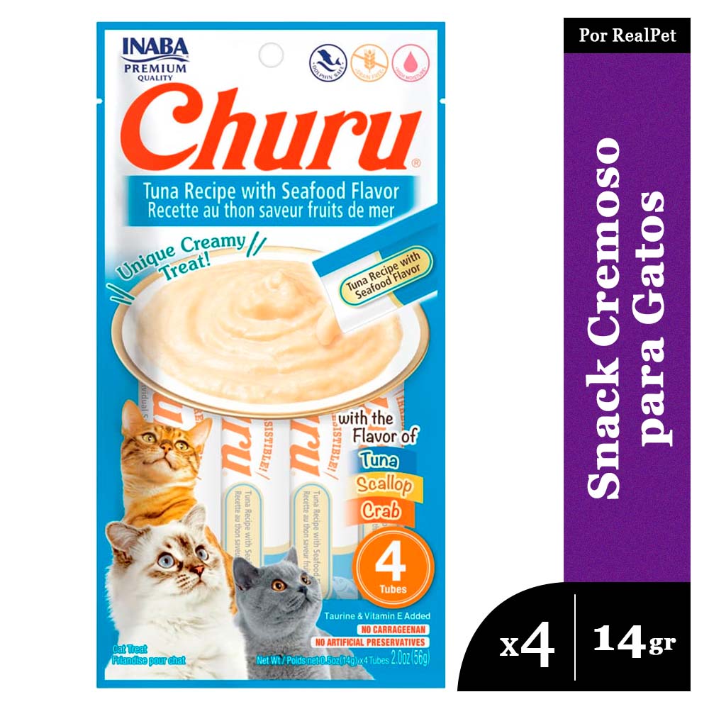 Snack Cremoso Gato Churu Atún y Mariscos 1 sobre x 4 tubos