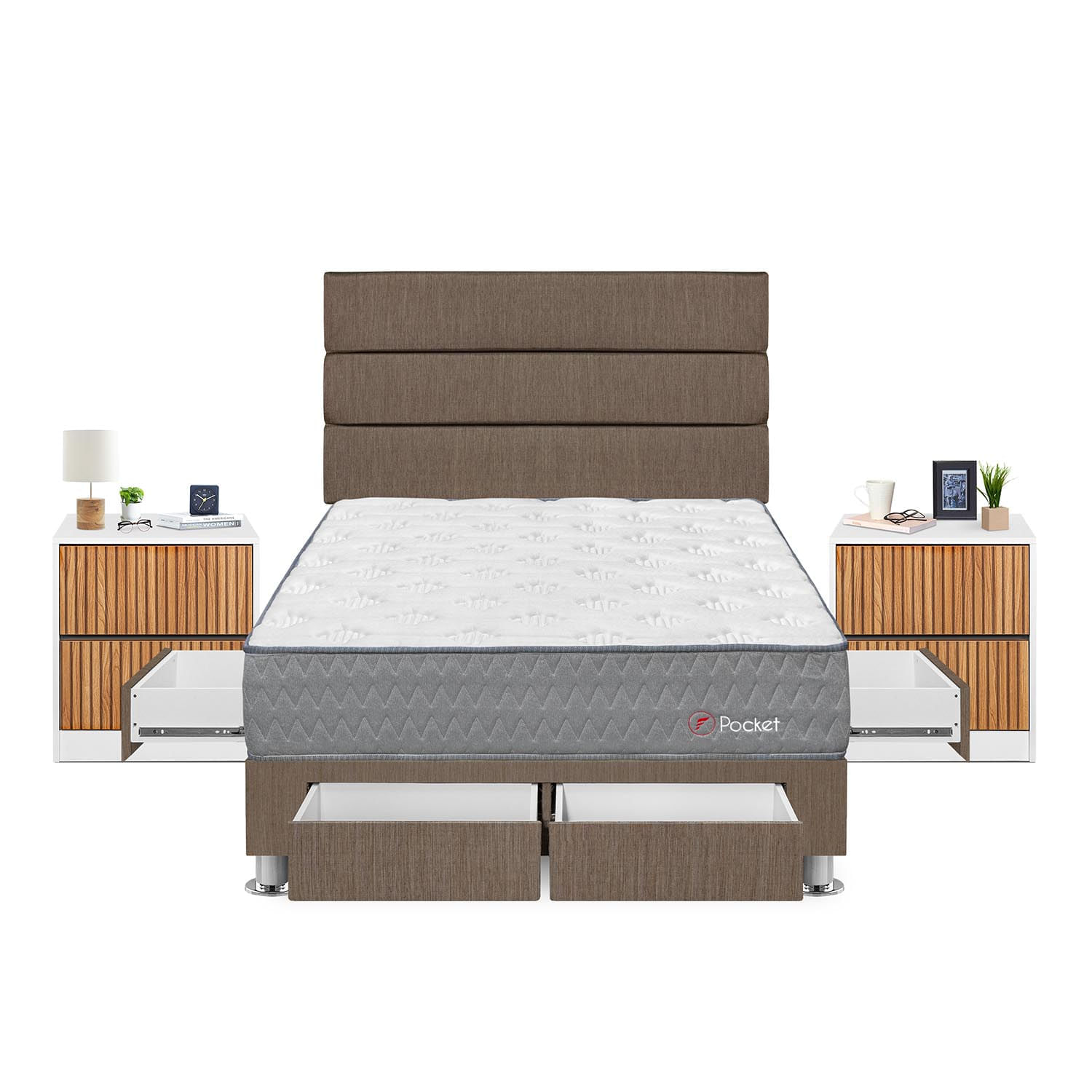 Dormitorio Forli Pockinget Con 4 Cajones 2 Plazas + Velador Roma + Respaldo Marron