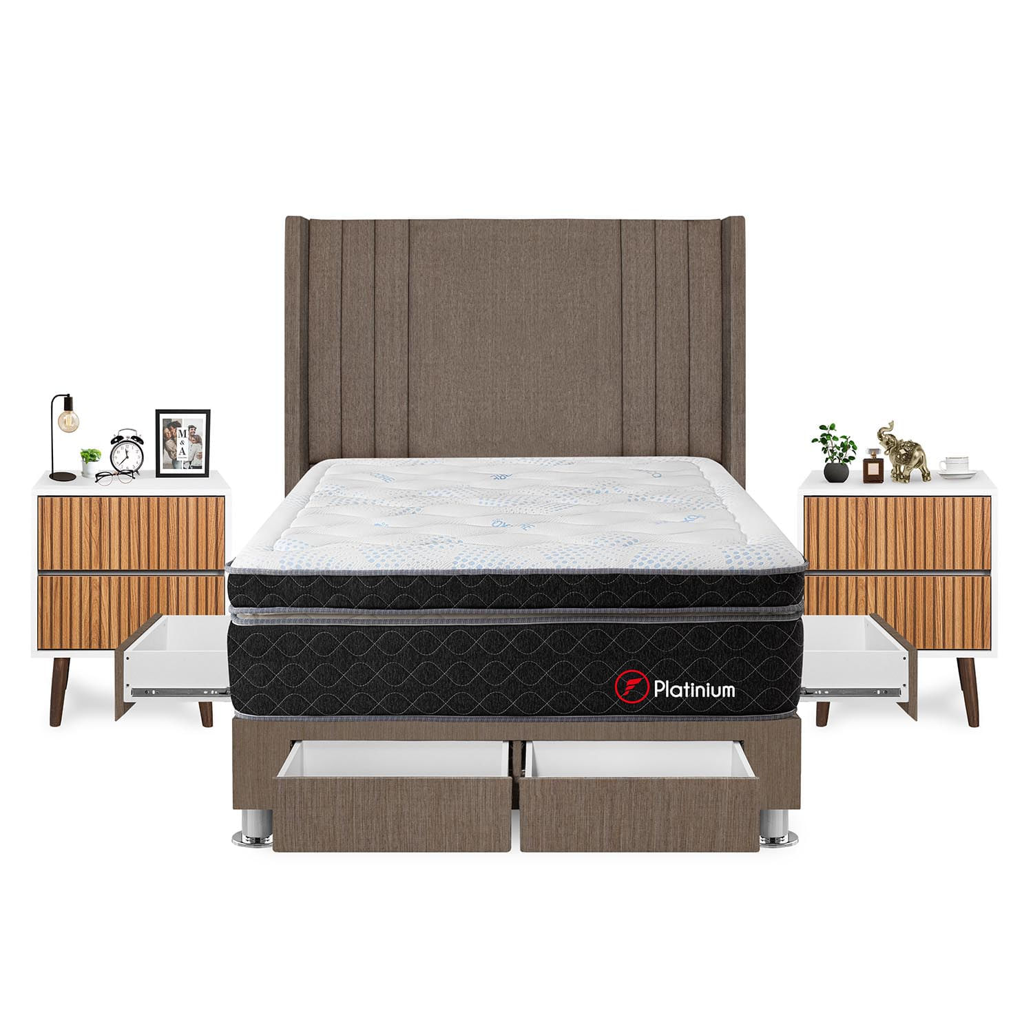 Dormitorio Platinium Con 4 Cajones 2 Plazas + Velador Milan + Respaldo Marron