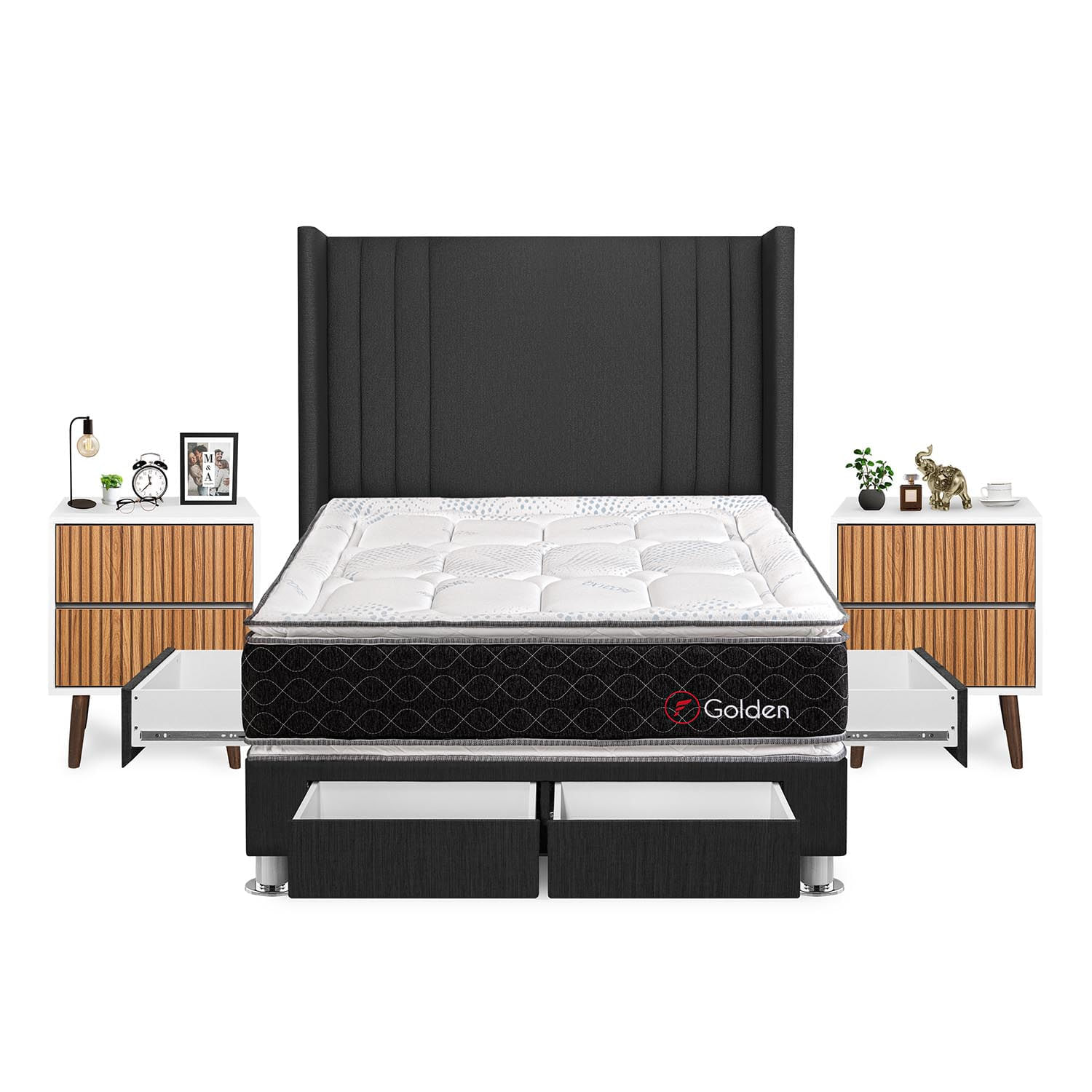 Dormitorio Golden Con 4 Cajones 2 Plazas + Velador Milan + Respaldo Gris
