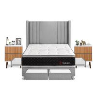 Dormitorio Golden Con 4 Cajones 2 Plazas + Velador Milan + Respaldo Plata