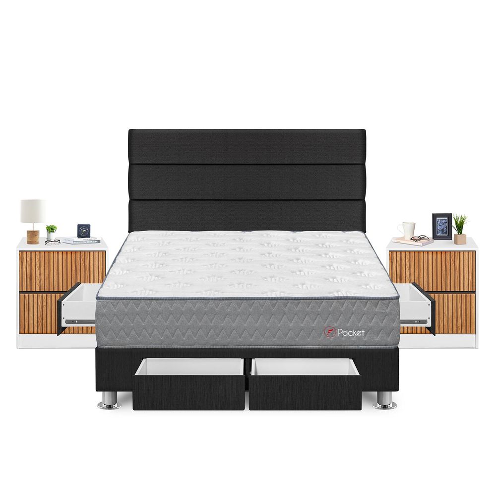 Dormitorio Forli Pockinget Con 4 Cajones Queen + Velador Roma + Respaldo Gris