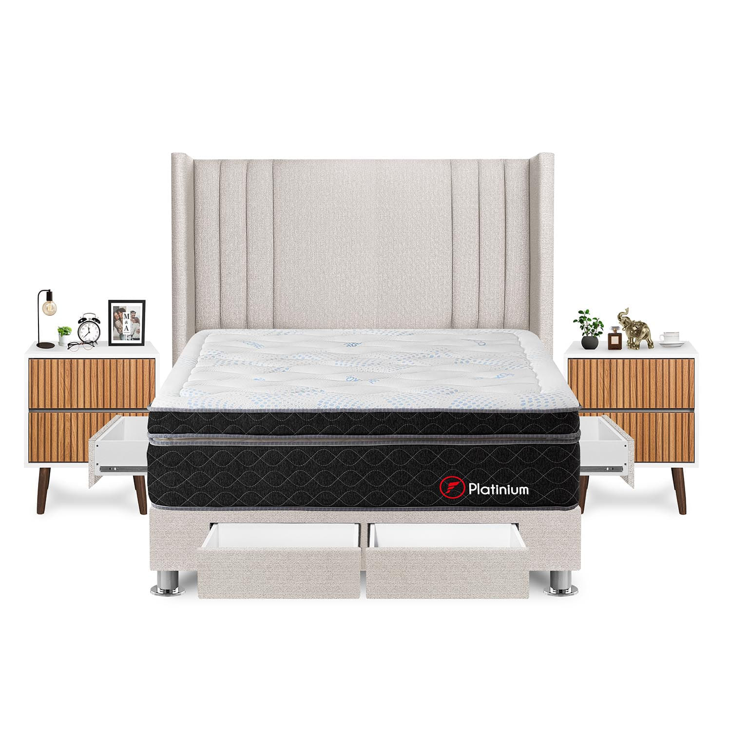 Dormitorio Platinium Con 4 Cajones Queen + Velador Milan + Respaldo Beige