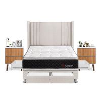Dormitorio Golden Con 4 Cajones 2 Plazas + Velador Milan + Respaldo  Beige
