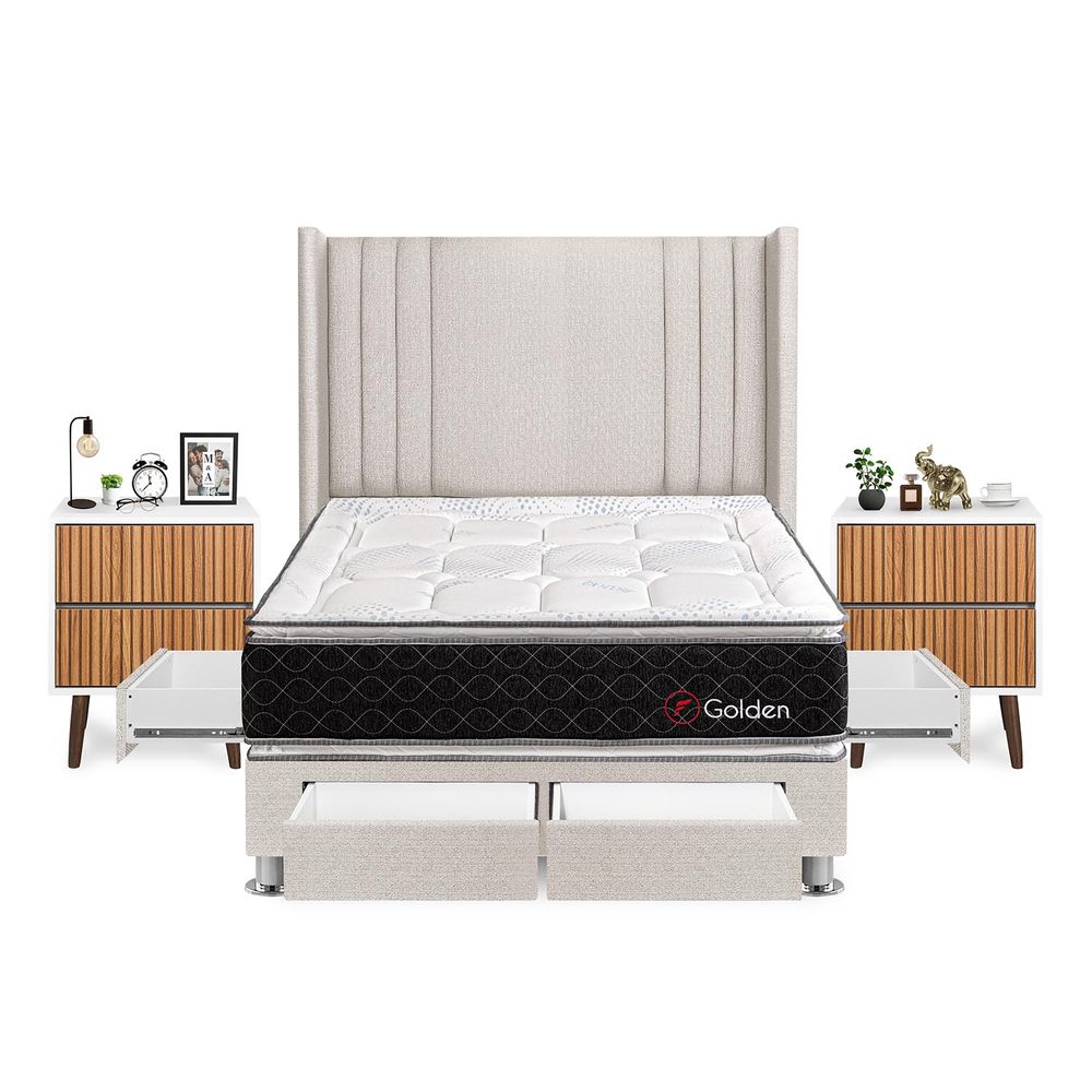 Dormitorio Golden Con 4 Cajones 2 Plazas + Velador Milan + Respaldo Beige