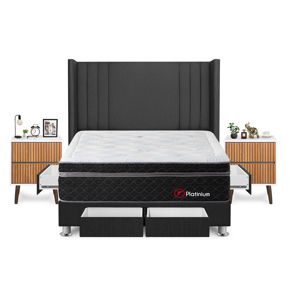 Dormitorio Platinium Con 4 Cajones King + Velador Milan + Respaldo Gris
